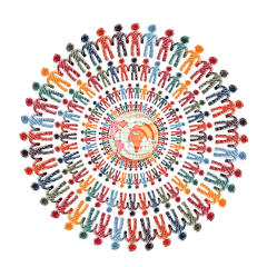 in der Mitte die Welt und rundherum Menschen