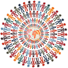 in der Mitte die Welt und rundherum Menschen